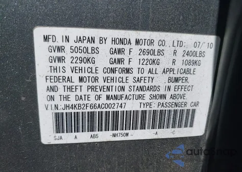 2010 Acura Rl 3.7 from USA, damaged, VIN JH4KB2F66AC002747